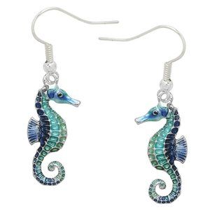 Seahorse Earrings Sea Horse Charm Hook Bangle SILVER BLUE Enamel SeaLife Jewelry